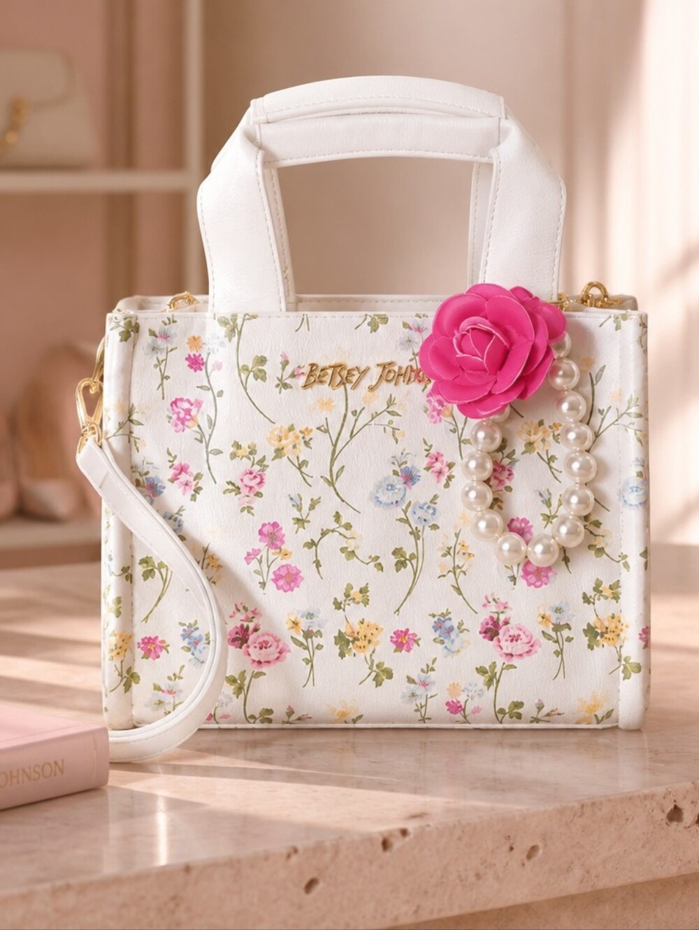 Betsey Johnson White Floral Satchel with Pink Flower Accent NWOT